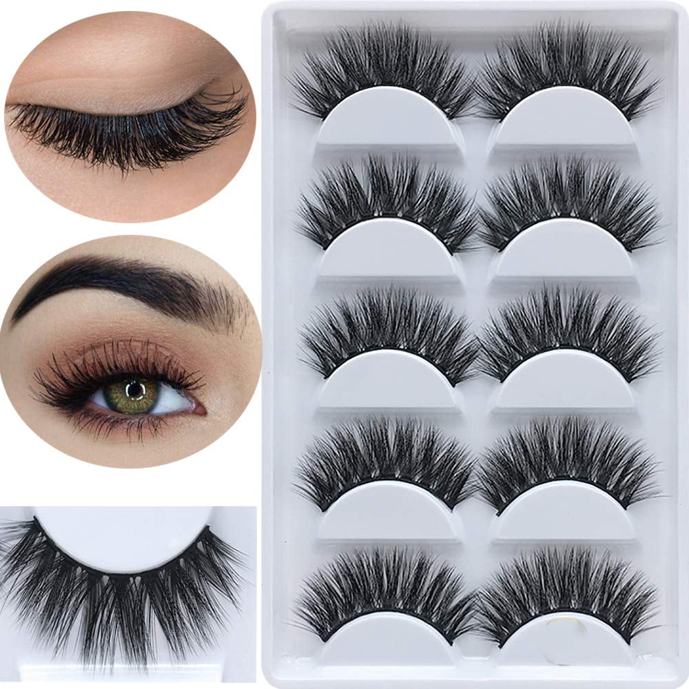 3D False Eyelashes, 5 Pairs Faux Mink Fake Eyelashes Handmade Thick Nature Fluffy Long Lashes Reusable for Makeup