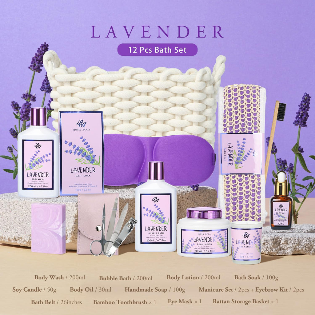 Bath & Body Kit, Spa Gifts for Women - 20Pcs Spa Gift Baskets Lavender Scented Includes Body Wash, Bubble Bath, Bath Bomb, Manicure Set. Gifts for Mom, Birthday Gifts, Home Spa Kit Gift for Her